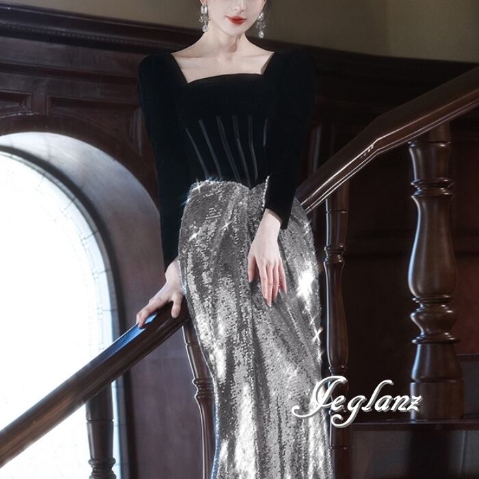 イブニングドレス バイカラー 編み上げ スパンコール 光沢感(MB604)ζ☆