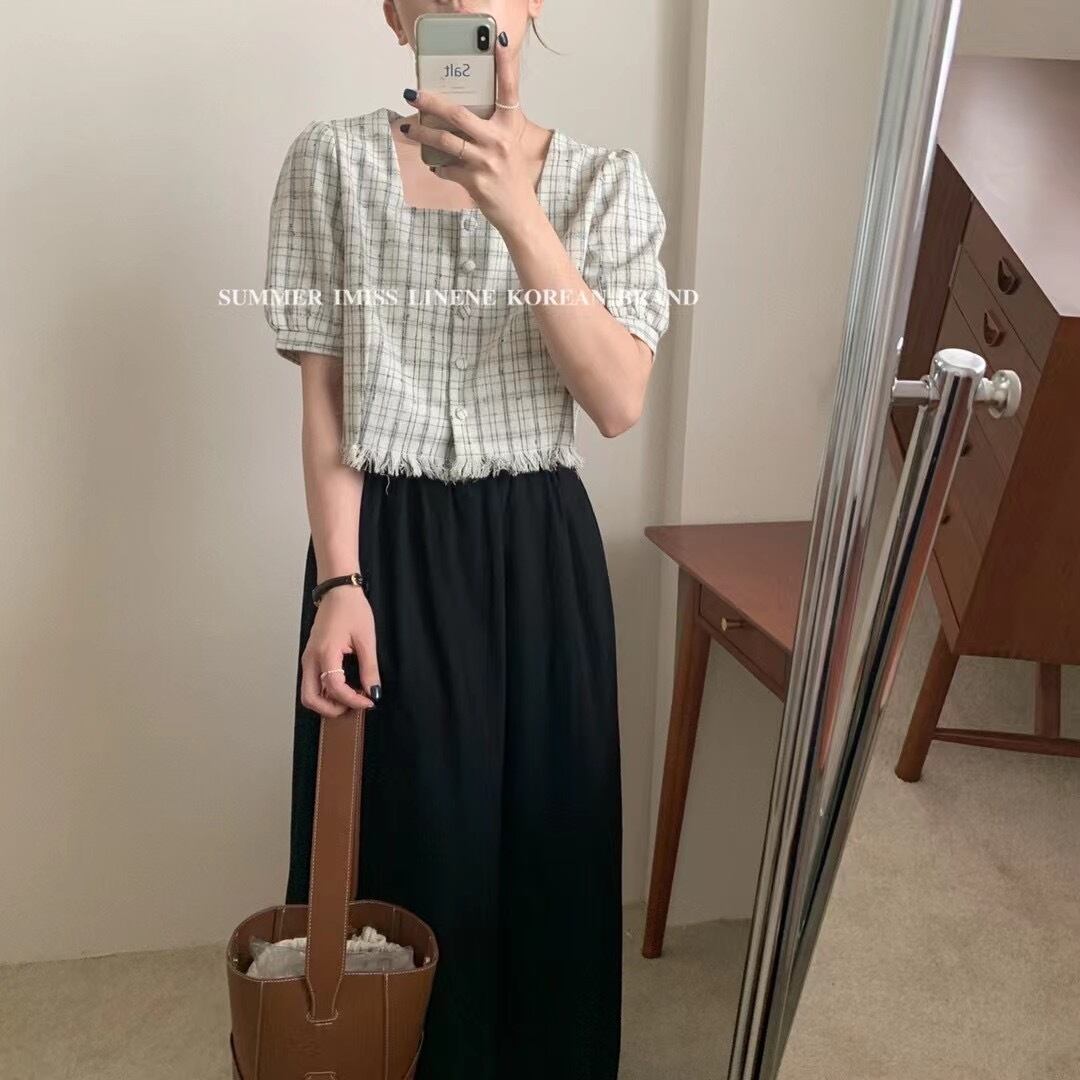 格子柄スリーブシャツ サマーカラーショートスタイル薄手 夏物 スクウェア ビッグFスモールZ韓国62489662775