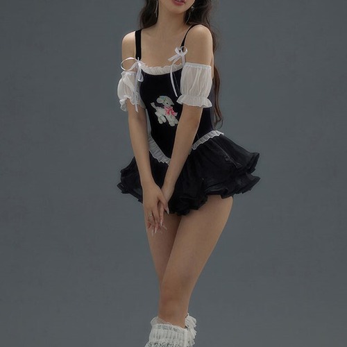 水着 ワンピース ガーリー 体型カバー かわいい フリルスカート オフショル シフォン ハイウエスト 子羊 黒 パフスリーブ ロリータ ybh1297