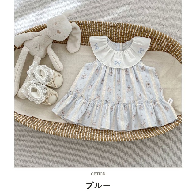 【BABY】フラワープリントフリルカラーノースリーブワンピース - 2