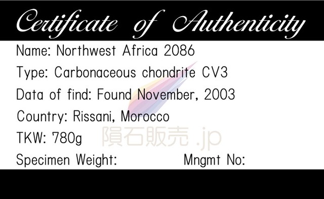 NWA2086 隕石 g 炭素質コンドライトCV3 石質隕石 原石 標本 M2602