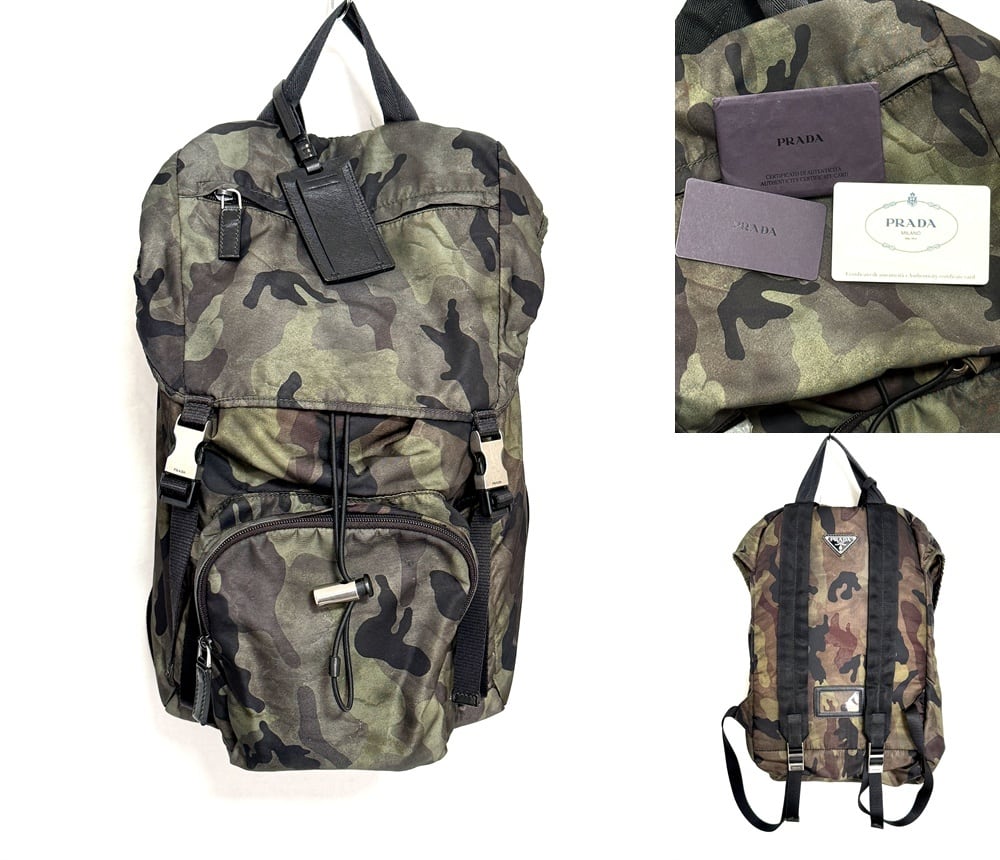 PRADA プラダ V135 テスート ナイロン × サフィアーノレザー カモフラ バックパック リュック 大容量 メンズ イタリア製 迷彩 トライアングルプレート