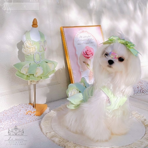 予約【№B07051】グリーンカラー カメリアモチーフ プリンセス フレアワンピ