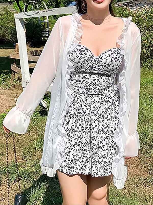 王道大人フェミニンで映えスタイル メッシュカーデ付き花柄ワンピース水着 3点セット ビーチ リゾート 大人かわいい おしゃれ 大きいサイズ 韓国 CH8631