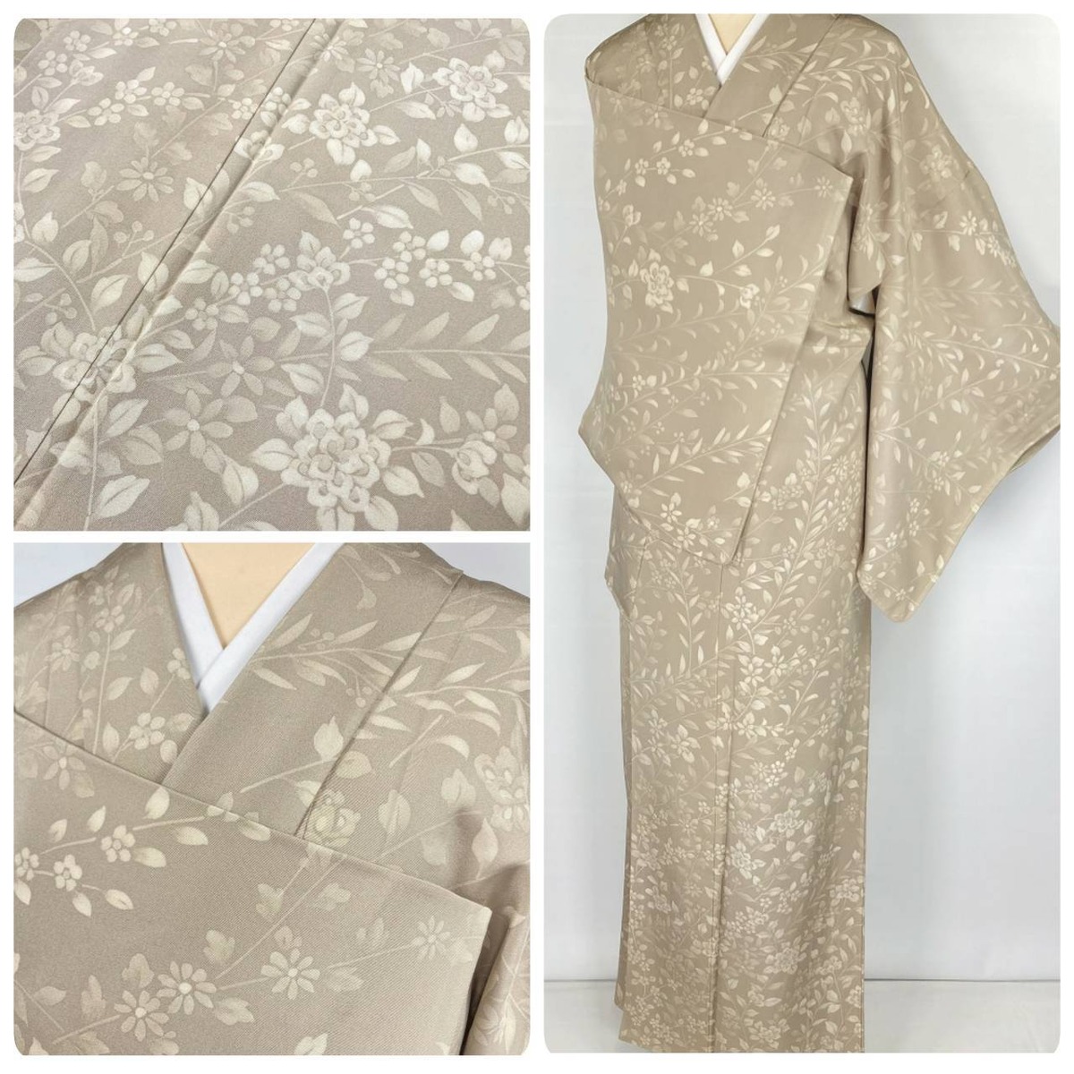 未着用 付け下げ 紗 花模様 桔梗 縦縞 唐花 ネイビー 着物 035a なぶん d 
