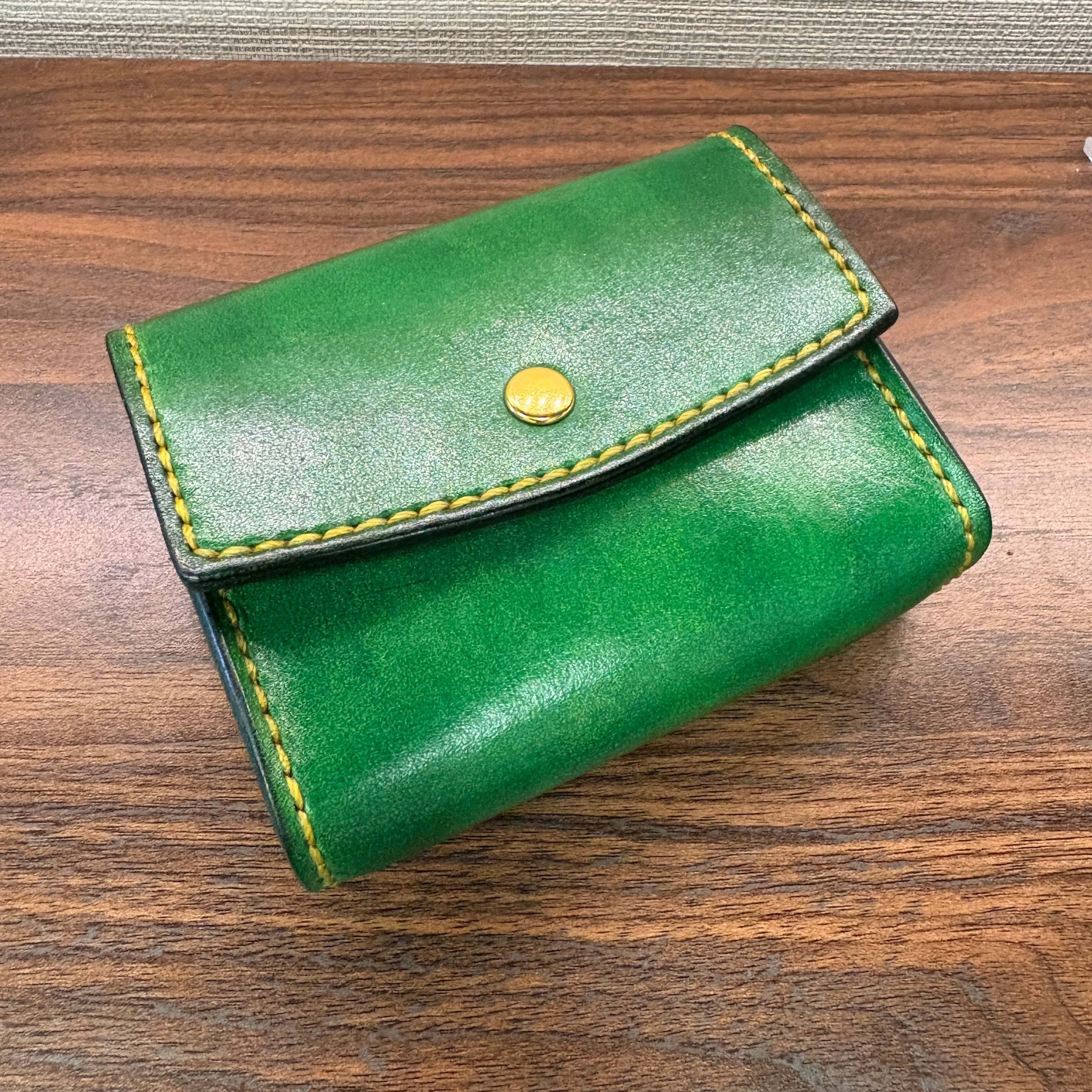 手縫い グリーン 三つ折り財布 ハンドメイド 総手縫い 三つ折り財布