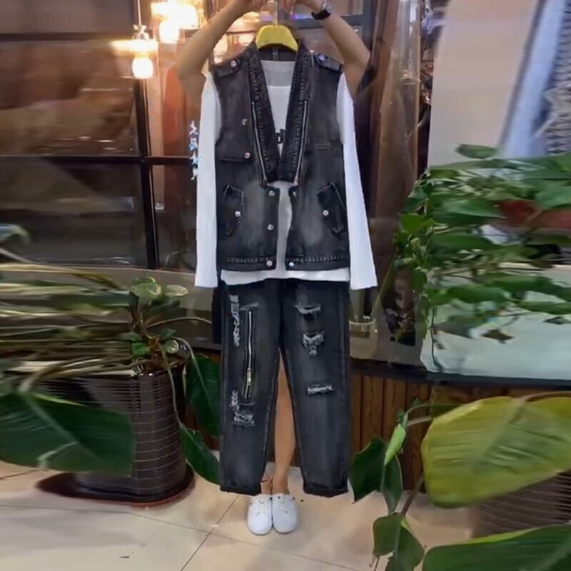 2020年秋のスーツプラスサイズの女性の太った姉妹の新しい西洋スタイルの年齢を減らすデニムベストは薄いスリーピースのトレンドに見えます ミックスインファッション28689410381