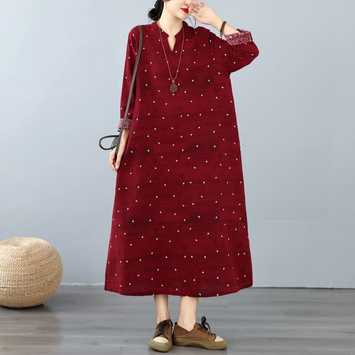 FLORAL PRINT LOOSE LONG SLEEVE MIDI DRESS M-18248