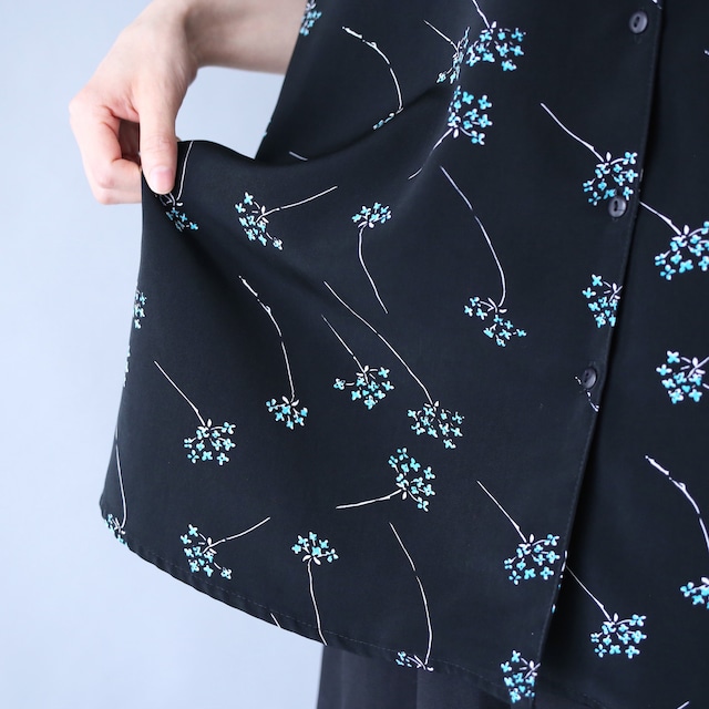 "花柄" black base turquoise blue flower pattern box silhouette open collar  h/s shirt