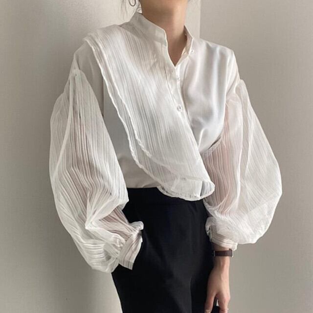全2色 レディース トップス シフォン ブラウス 長袖 ボリューム袖 シースルー アシンメトリー 無地 ゆったり ホワイト/ブラック