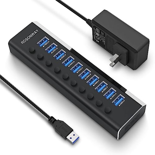 USB3.0ハブ 電源付き ROSONWAY 10ポート USBハブ アルミ製で アップ 5Gbps高速転送 セルフパワー USB拡張 独立スイッチ付 12V/3A ACアダプタ付き(RSH-A10)