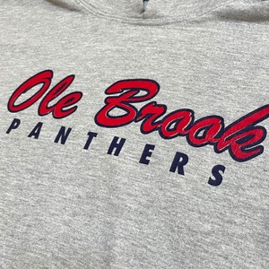 【GILDAN】パーカー バックプリント ロゴ Ole Brook Panthers フットボール スウェット フーディー hoodie プルオーバー  L ギルダン us古着