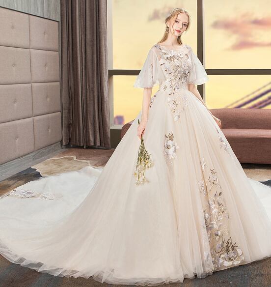 カラードレス シャンパン色 ソフトチュール ロングトレーン 高品質  