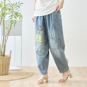 TRUBE ガールアップリケ切替デザインバレルテーパードデニムパンツ【M~L】デニムブルー