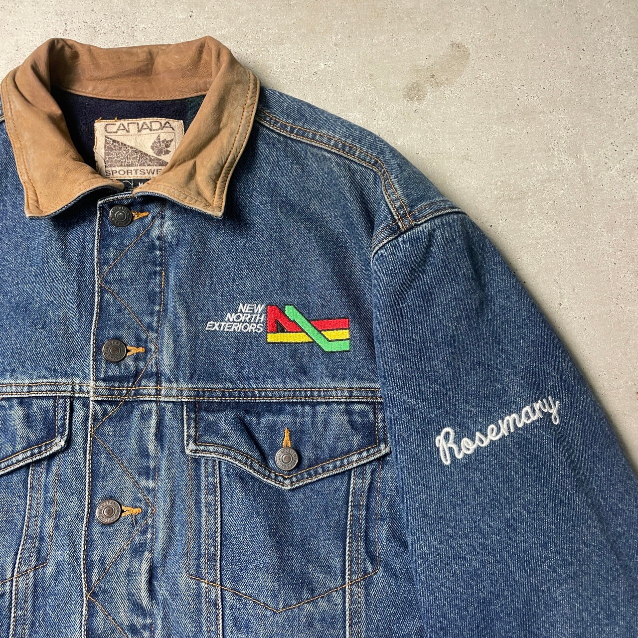 90年 CANADA SPORTS WEAR デニムジャケット レザー襟 フリースライナー 