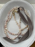 【Freshwater Pearl】Velvet Ribbon & Mix Pearl Long Strap / Necklace (120cm)