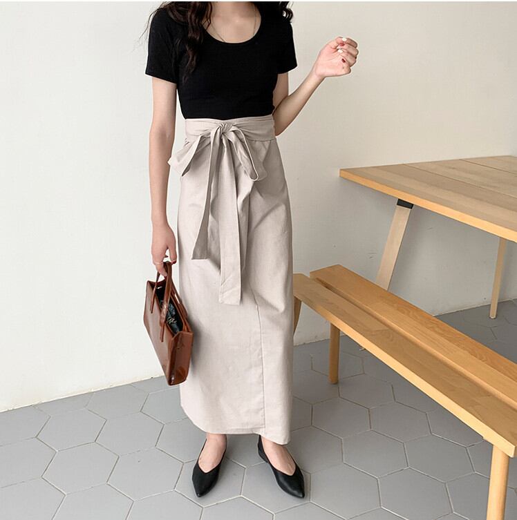 人気新作 ロング丈スカート スカート 体型カバー リボン付き ゆったり レディースファッション エレガント