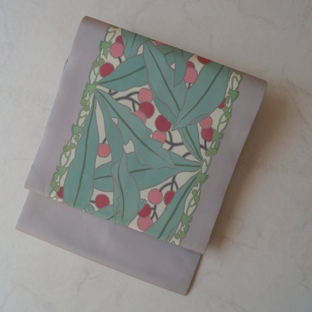 【なごや帯】霞色　桜桃文　塩瀬なごや帯