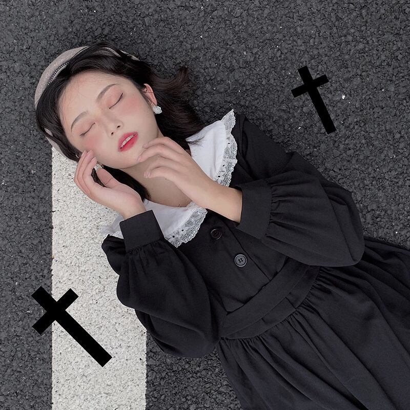 ダークブラック長袖ドレス女性黒ese秋のドレス2020新しいロングスカートレトロネイビースカート春と秋 萌量不足94601145705