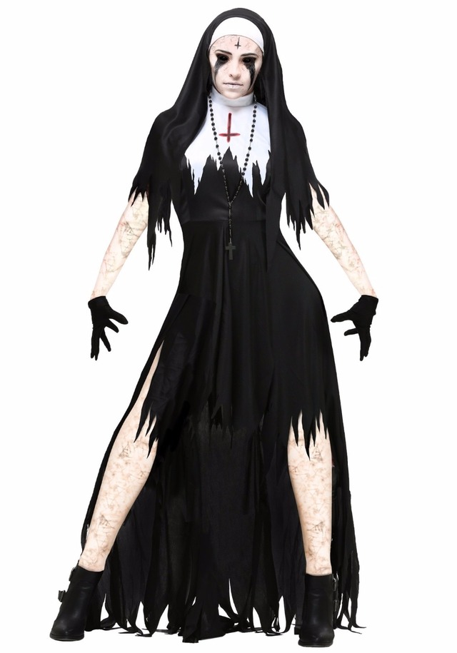 セクシーな修道女の衣装大人女性コスプレでストッキング黒パーカー用ハロウィン姉妹コスプレパーティーヴァンパイア悪魔衣装