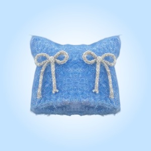 リボンモヘア猫耳ニット帽(水灰)