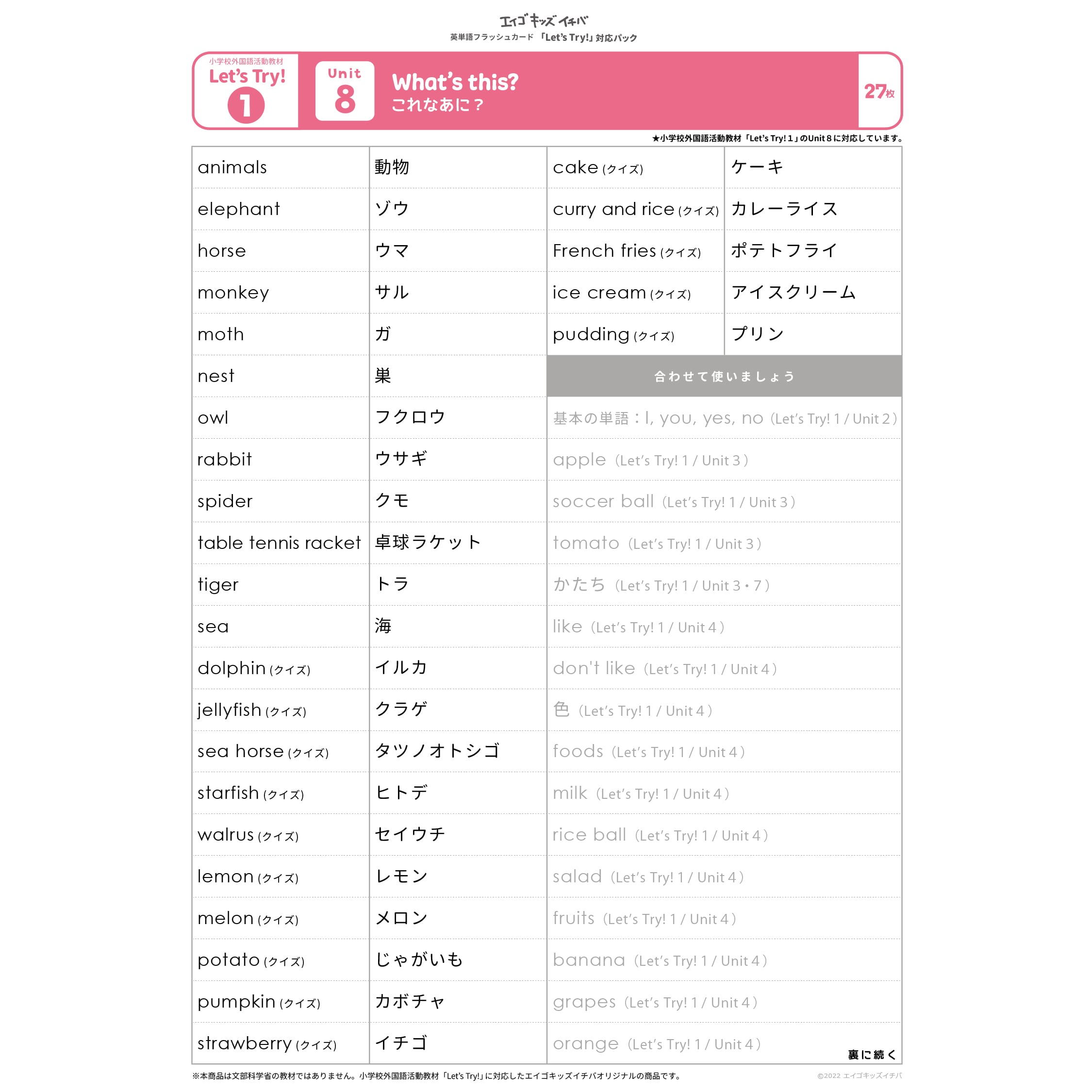 小学校外国語活動教材「Let's Try!」対応】英単語フラッシュカード