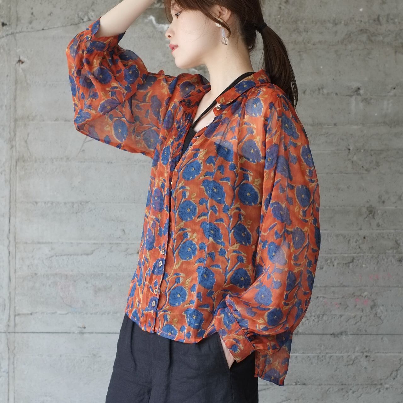 @ アナイ ANAYI シフォン シアー 花柄 総柄 ブラウス シャツ 透け感 2color レディース ボリューム袖シアー花柄シャツ トップス シャツ 花