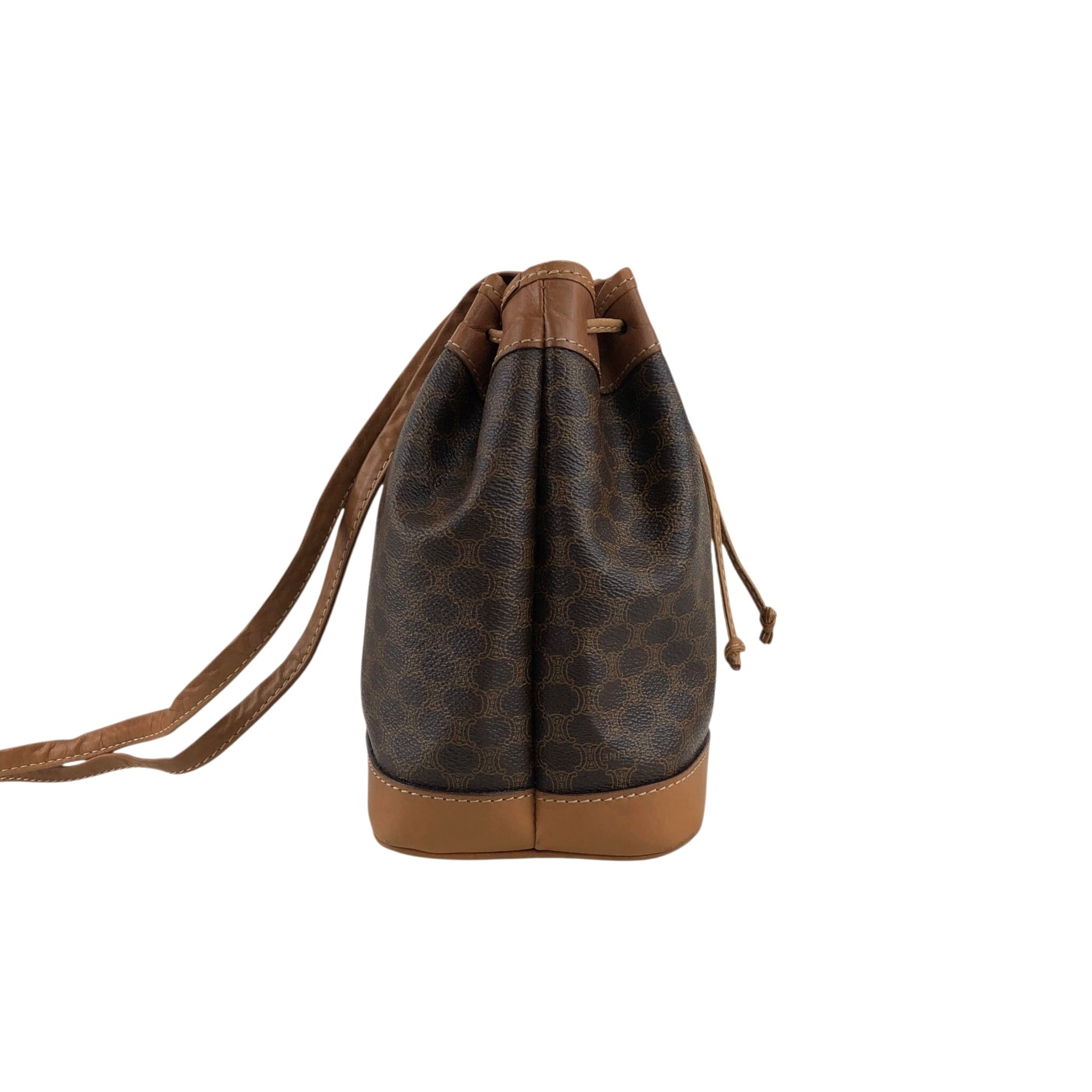 CELINE セリーヌ マカダム  ショルダーバッグ ブラウン ブラゾン型押し PVC/レザー 巾着 ミニバッグ wt5bvk CELINE セリーヌ マカダム ショルダーバッグ ブラウン ブラゾン型押し