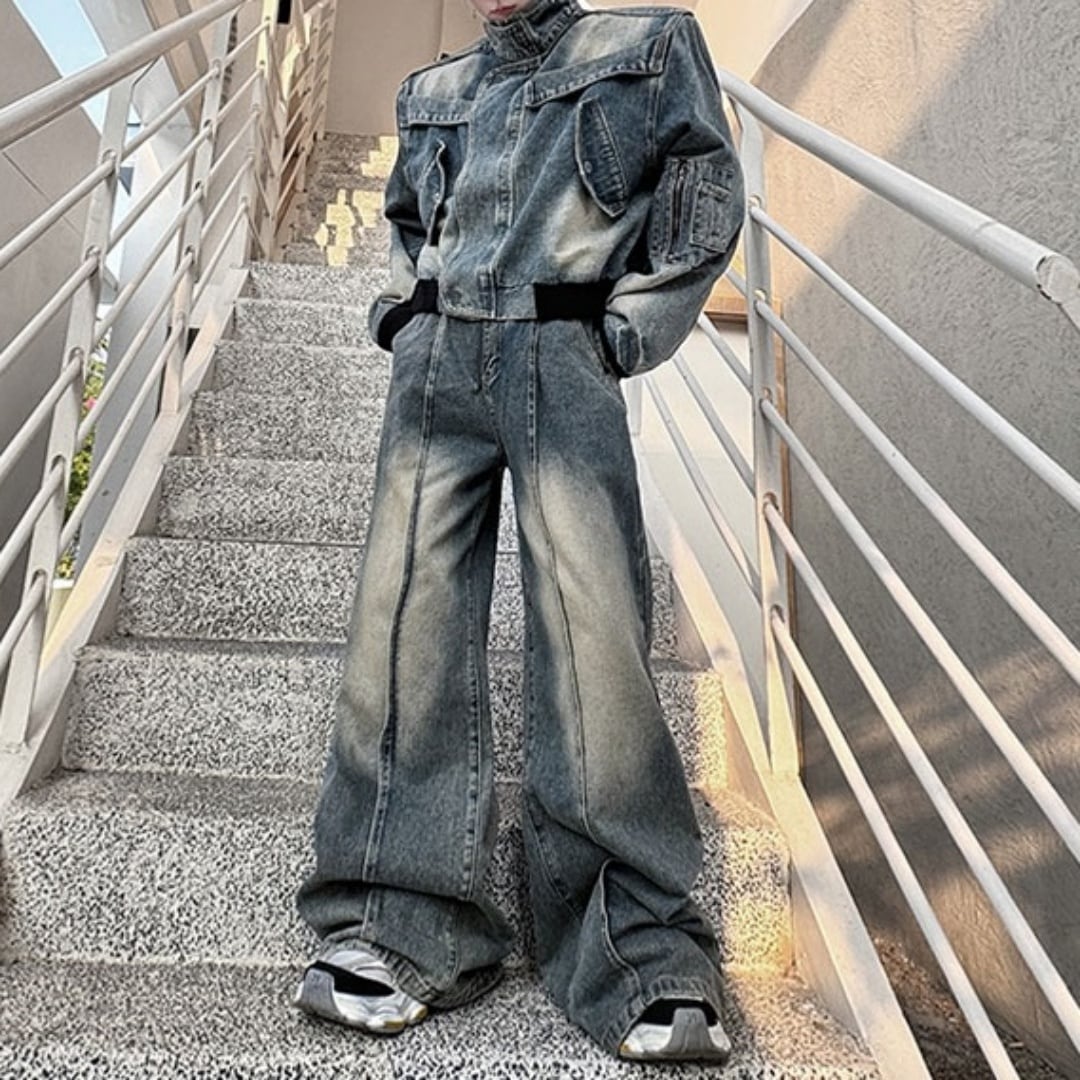 ヴィンテージ風 デニムショートジャケット＆立体ステッチジーンズ