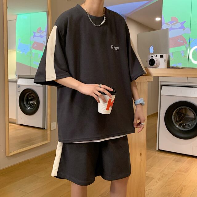 【予約販売】メンズ セットアップ スエット 上下 半袖Tシャツ ハーフパンツ ストリート ホワイト/ブラック/グレー/ブルー/グリーン/オレンジブラウン 部屋着 韓国 ジム スポーツウエア カジュアル 春 夏 大きいサイズ M/L/XL/2XL/3XL