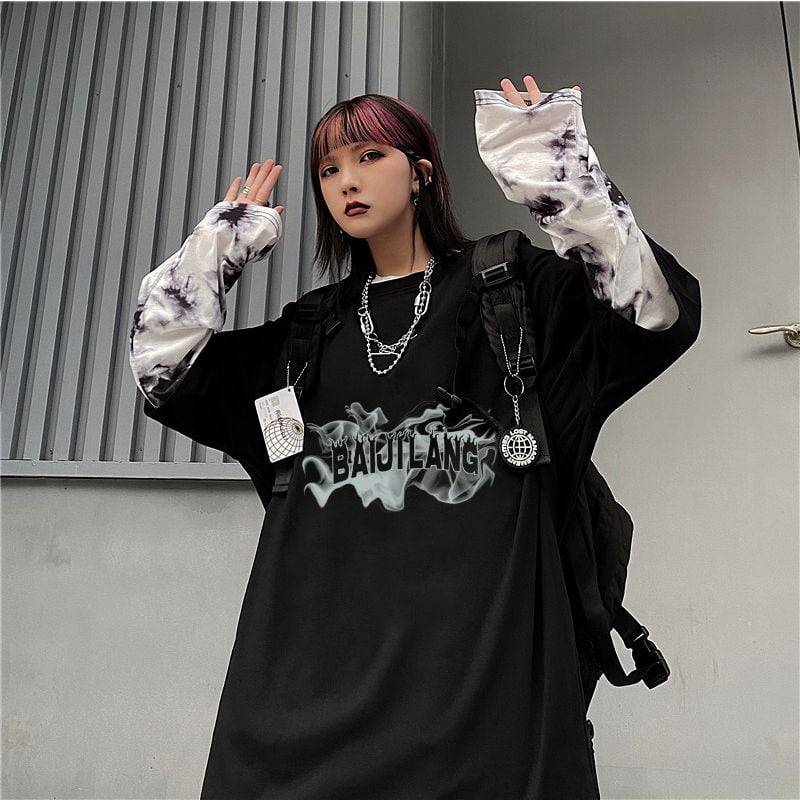 God of Roses タイダイ 長袖シャツ　ロング　SmK ロングシャツ 重ね着 長袖 ロゴ プリント タイダイ柄 絞り染め ロック