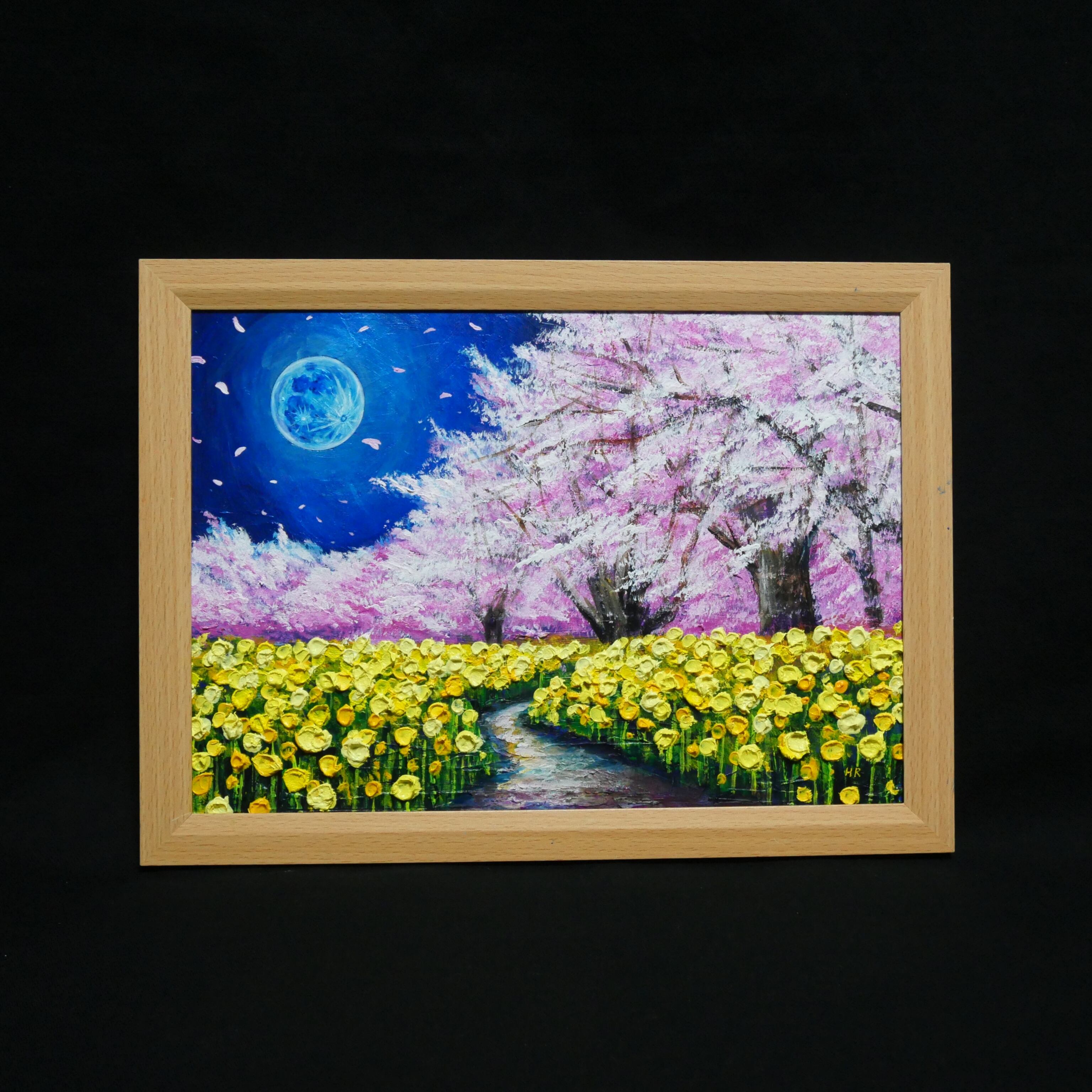 一点物アート】【心癒される春の夜：静寂を照らす月の光】油彩絵画
