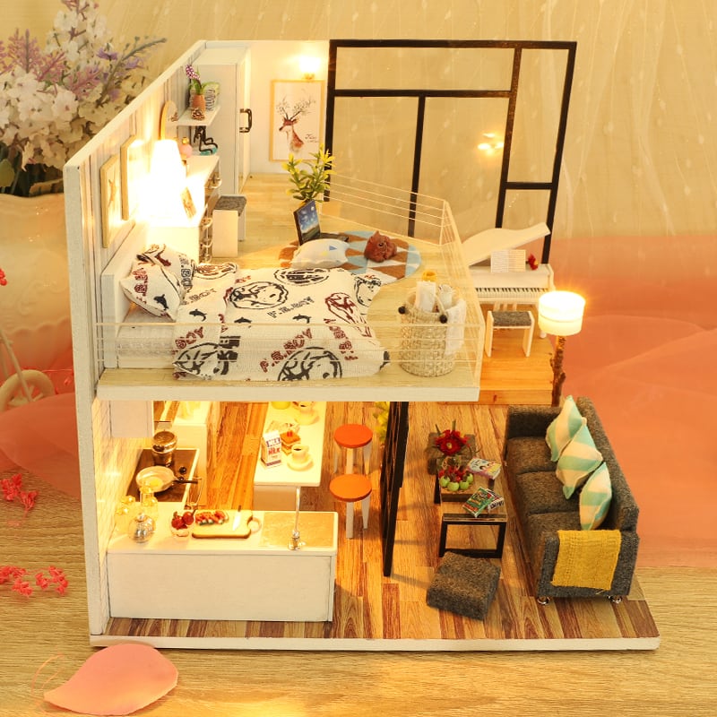 新作 LEDキット付きDIY木製ドールハウスミニチュア家具クリエイティブ