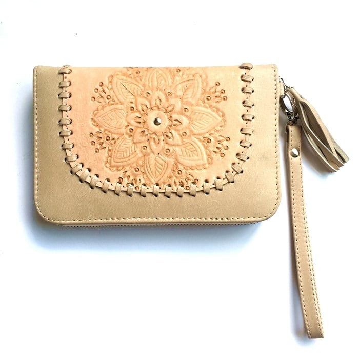 ボヘミアン 本革レザー 折財布 (エメラルドグリーン×マンダラ型) ミニ財布