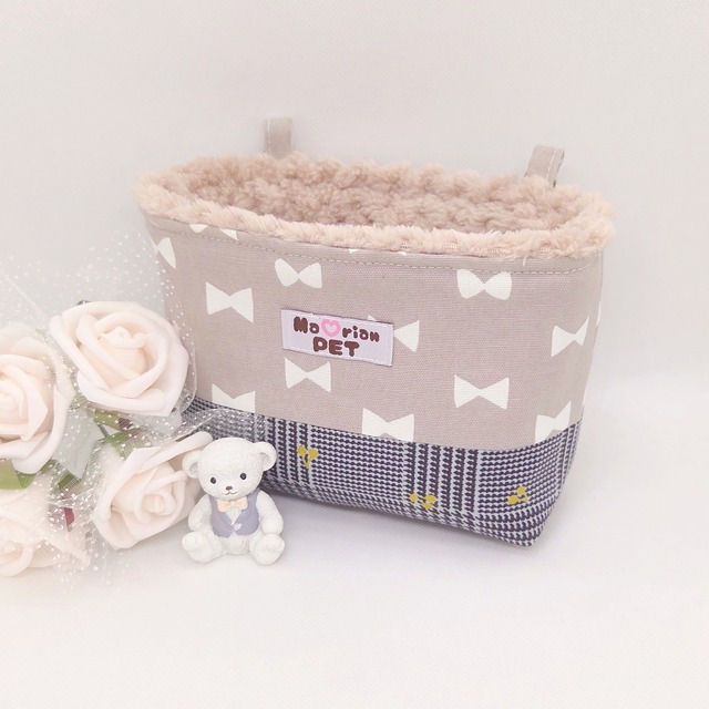 モモンガポーチ/スクエアポーチM♡プチリボン×グレンチェック　パイナップルボア　春夏秋冬　緑