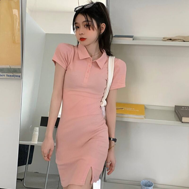 Tシャツ ドレス サマースリム薄手カラースカート ピンク 夏物 YY-ファッション34373265332