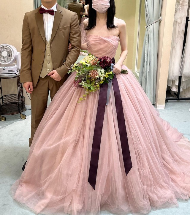 ウェディングドレス カラードレス サッシュベルト ピンク ソフトチュール 結婚式