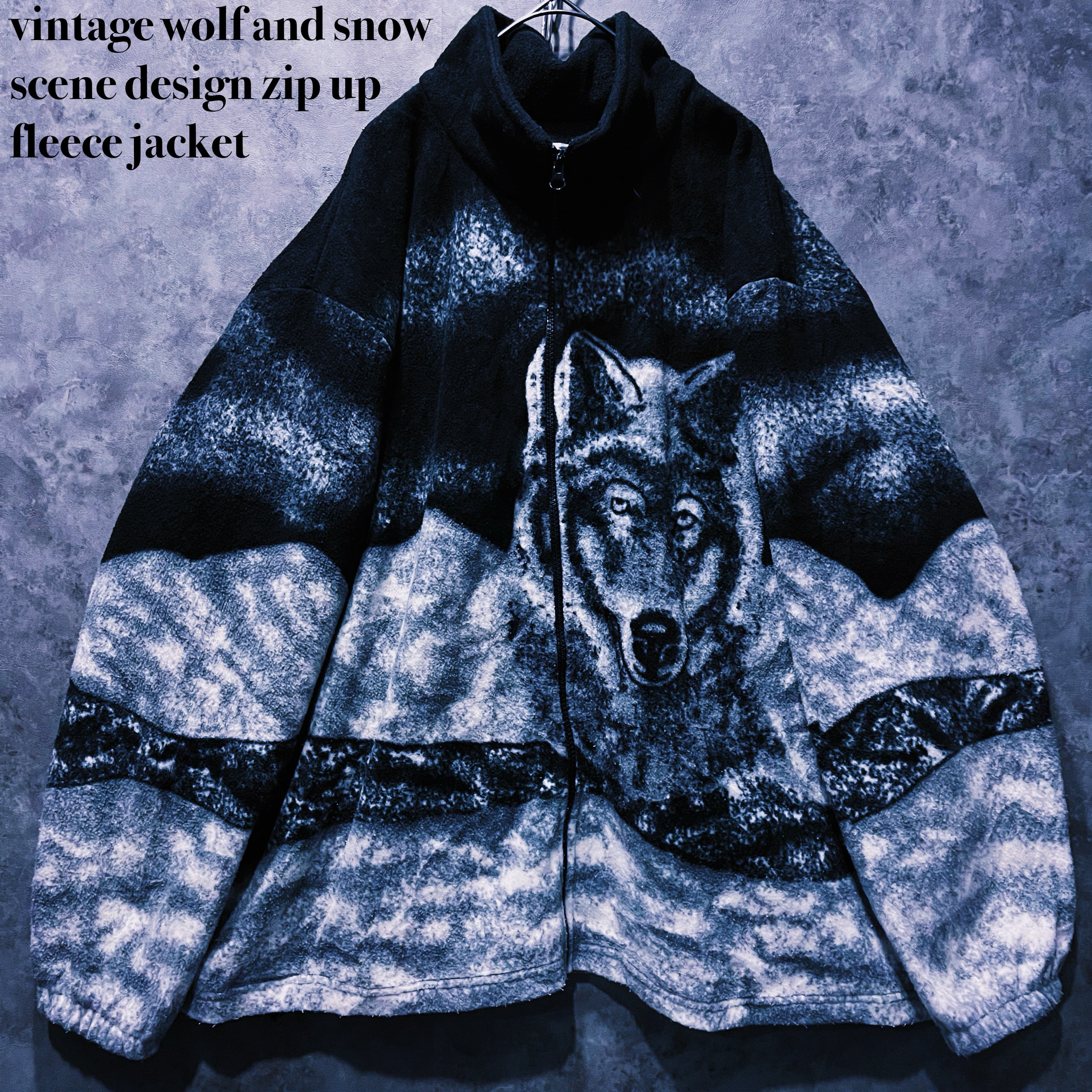 【doppio】vintage wolf and snow scene design zip up fleece jacket