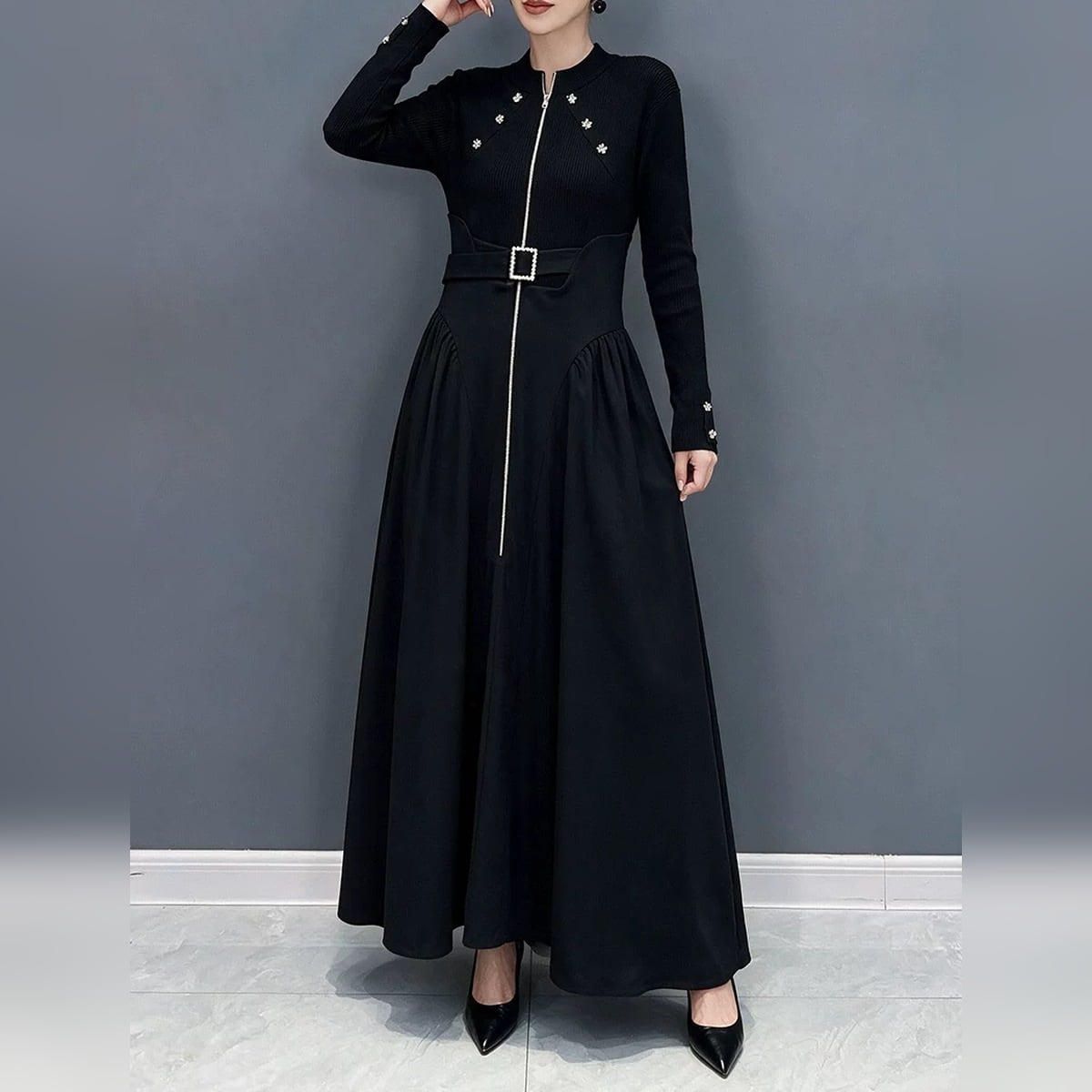 ニット切替 フェイクツーピース ロングワンピース 1color ON1102