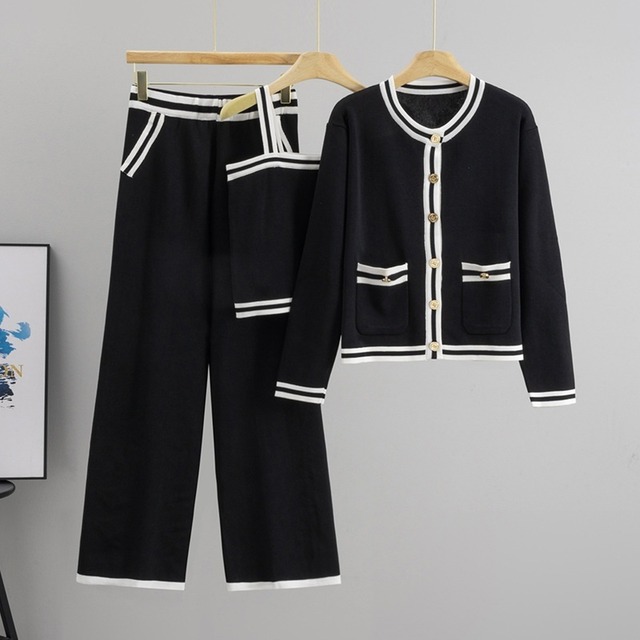 パイピングカーディガン＋キャミソール＋ワイドパンツ セットアップ ブラック SU00083