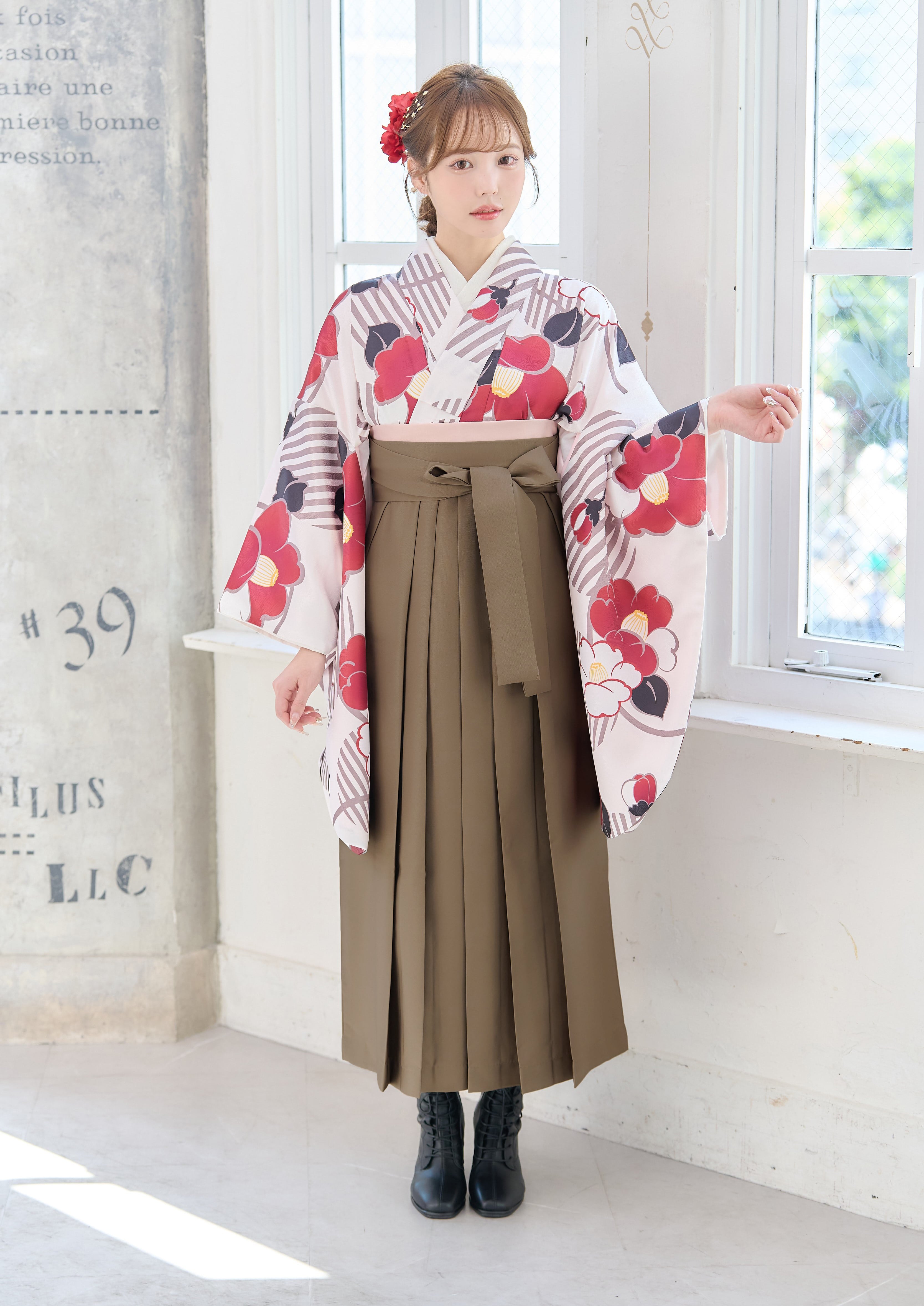 袴4点SET大正ロマン椿遊び(ストライプ)卒業式用袴⑧-EJ/BR/BK