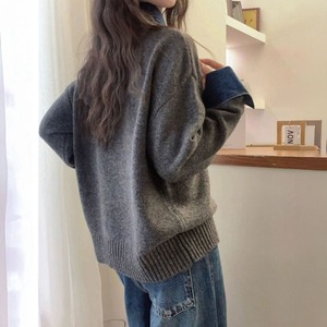 レイヤード風 ニット デニム切り替え 韓国 トップス 長袖 レディース 春秋冬 おしゃれ 大人 カジュアル ポロ襟 ゆったり 大人可愛い 大人女子