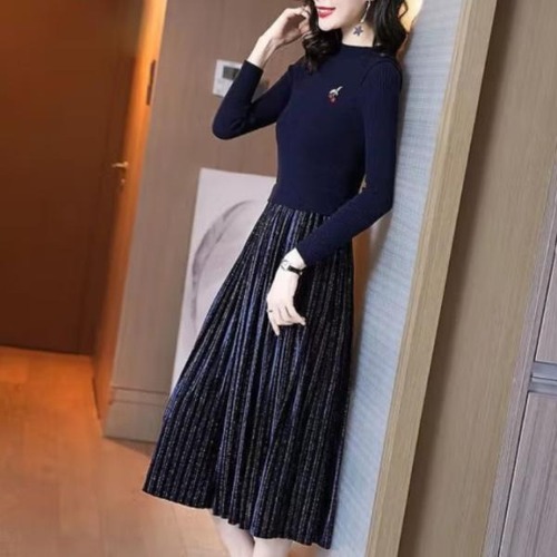 ワンピース ニットドレス レディース ガールズ エレガント 通勤 カジュアル 新作 長袖 ラウンドネック プリーツスカート フリース 秋冬 Aライン