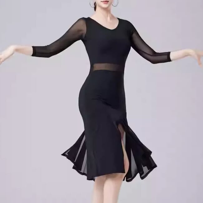 メッシュディテール ミモレ Vネック ウエストマーク ダンスドレス ds1405