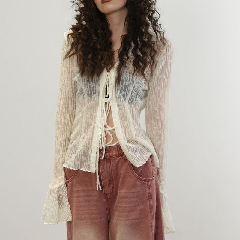 Sheer bell sleeve vneck top 2 colors V2385