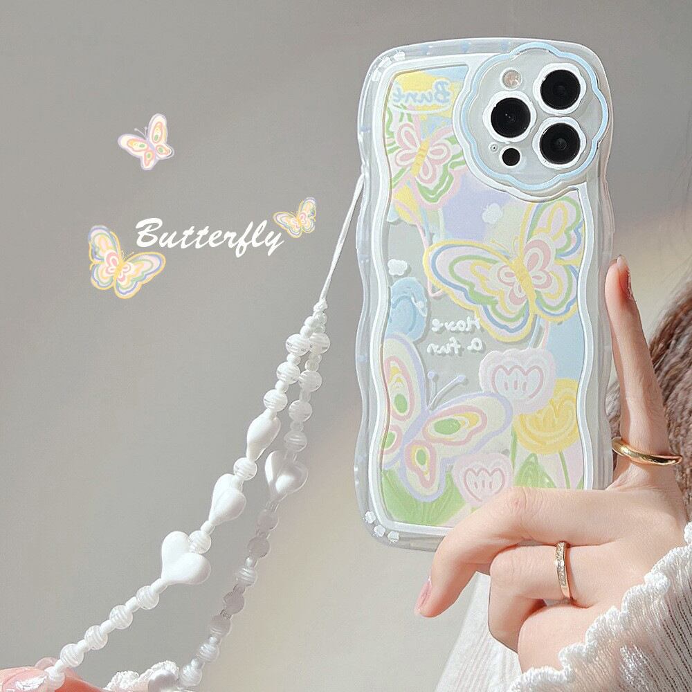 【Iphone15】フレームフラワーとバタフライデザイン【ソフトケース】 iPhone15シリーズ対応】Have a fun◎人気のウェーブフレーム 可愛い