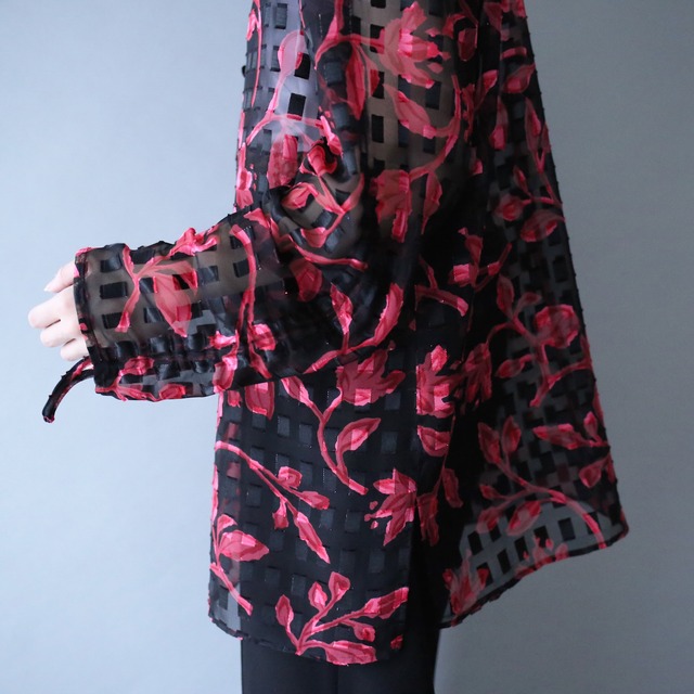 block and flower pattern black see-through shirt