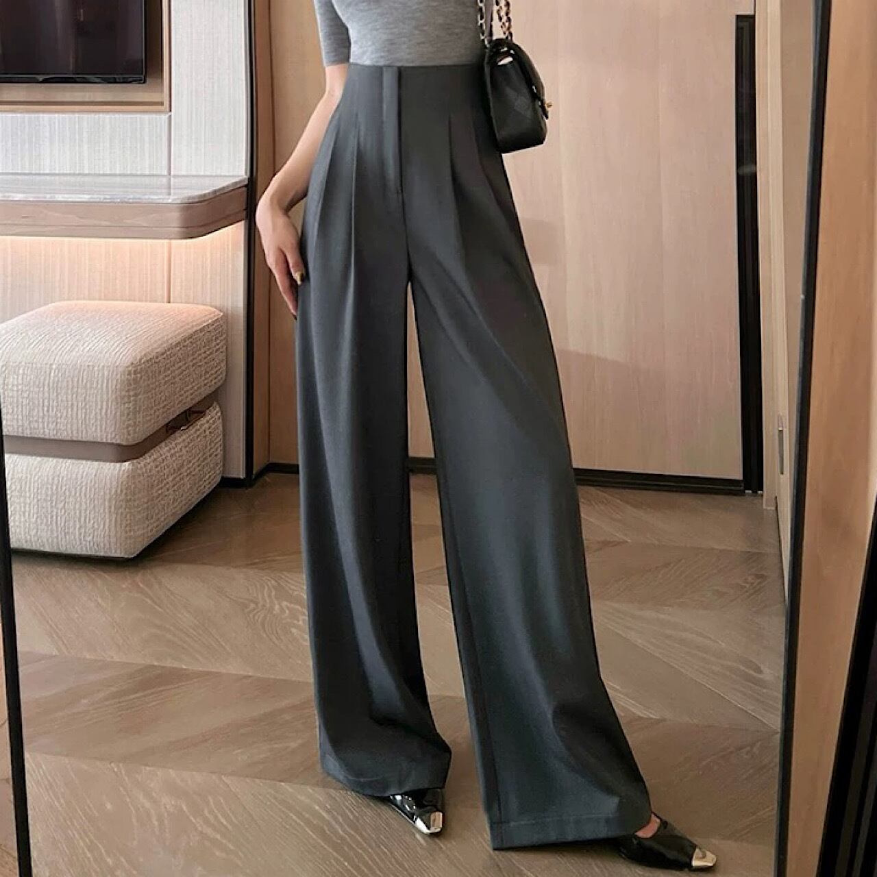 ダークグレー ワイドパンツ ハイウエスト カジュアル YH8797