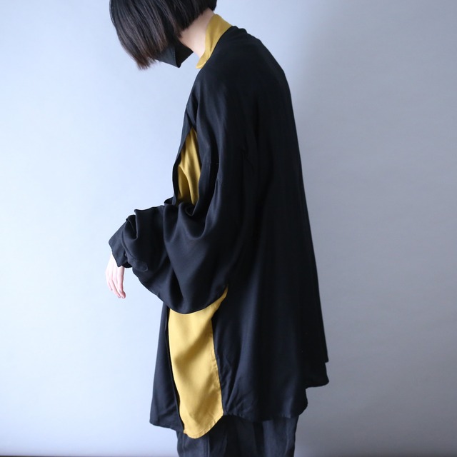 "刺繍" and bi-color switching fry-front band-collar over silhouette shirt