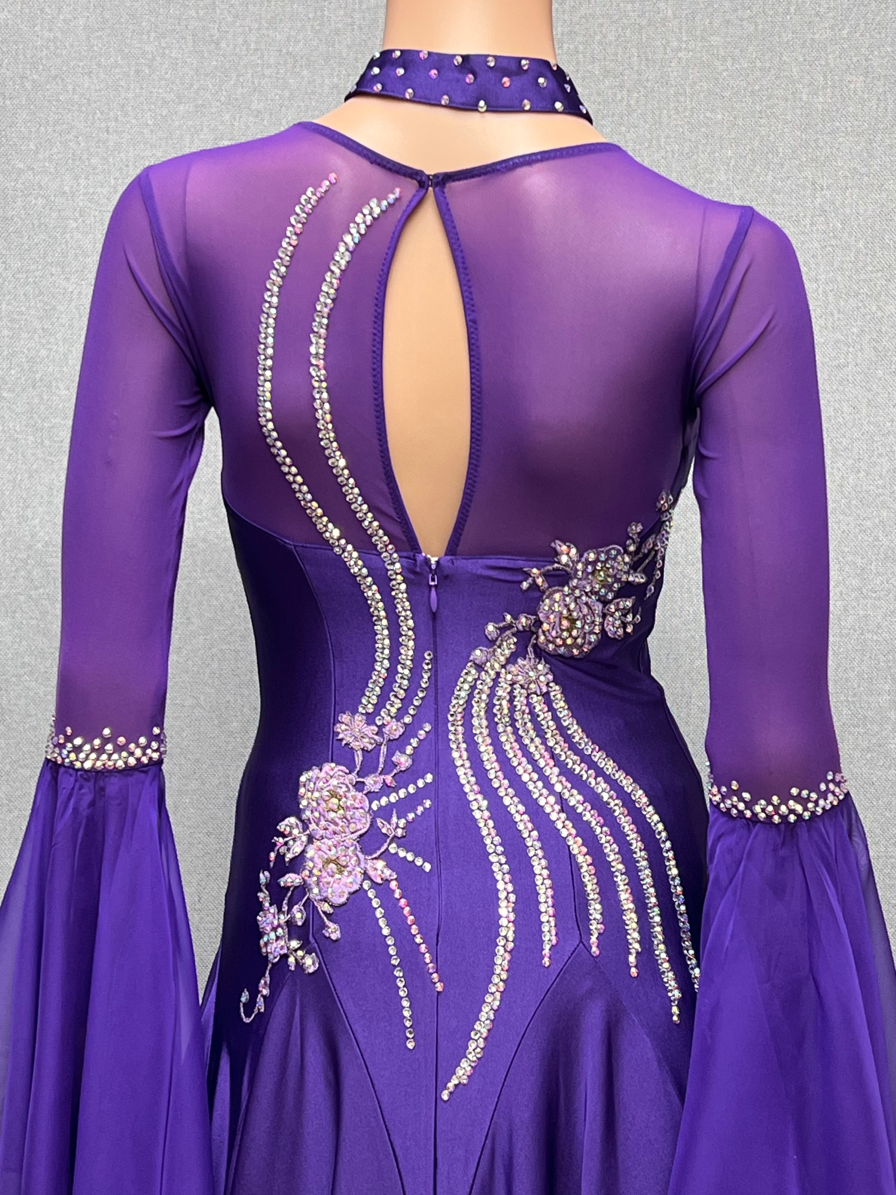 【新着】パーティードレス　社交ダンス ドレス　スタンダード　モダンドレス　パープル（ベルスリーブ）M　ST-25-22　デモ・競技用ドレス　発表会衣装　パーティドレス　ワンピース　舞台衣装